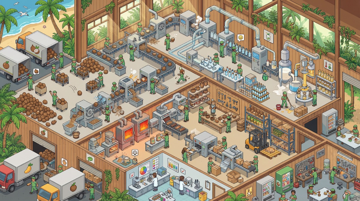 Coconut Factory Pixelated Isometric Illustration